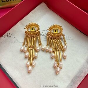Gold Eye Motif Earrings with Pearl Fringe